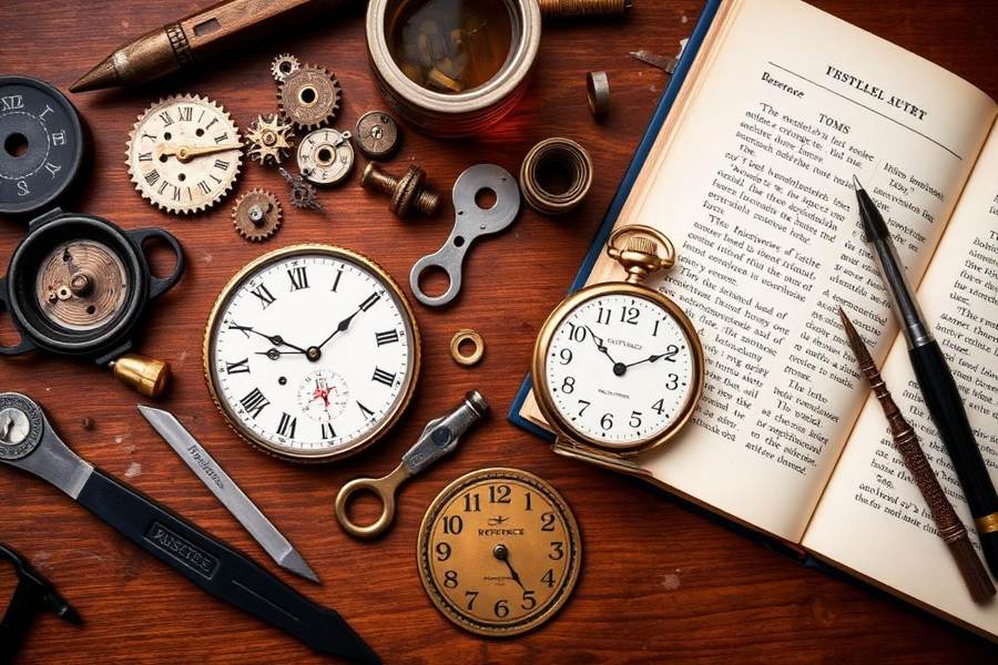 Clock repair tools and reference material illustrating wall clock troubleshooting